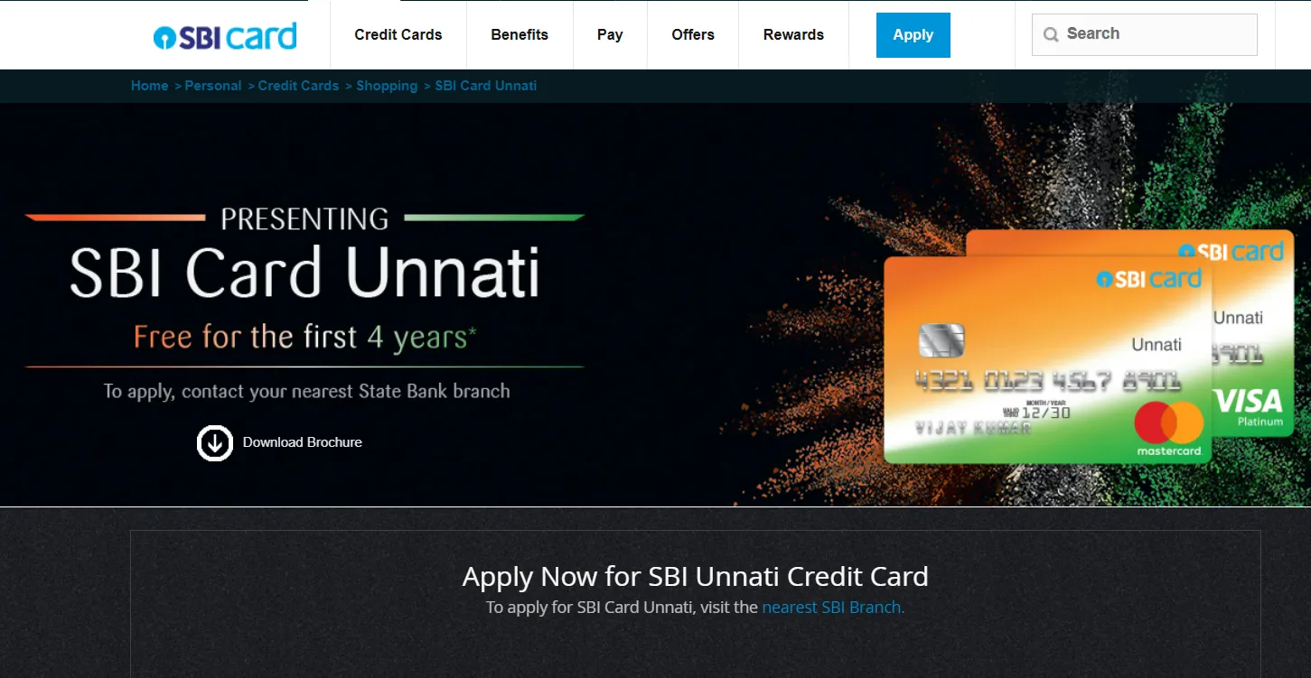 SBI Unnati Credit Card apply Offline