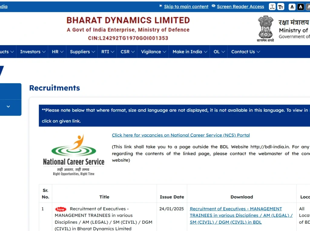 BDL MT Recruitment 2025 apply online